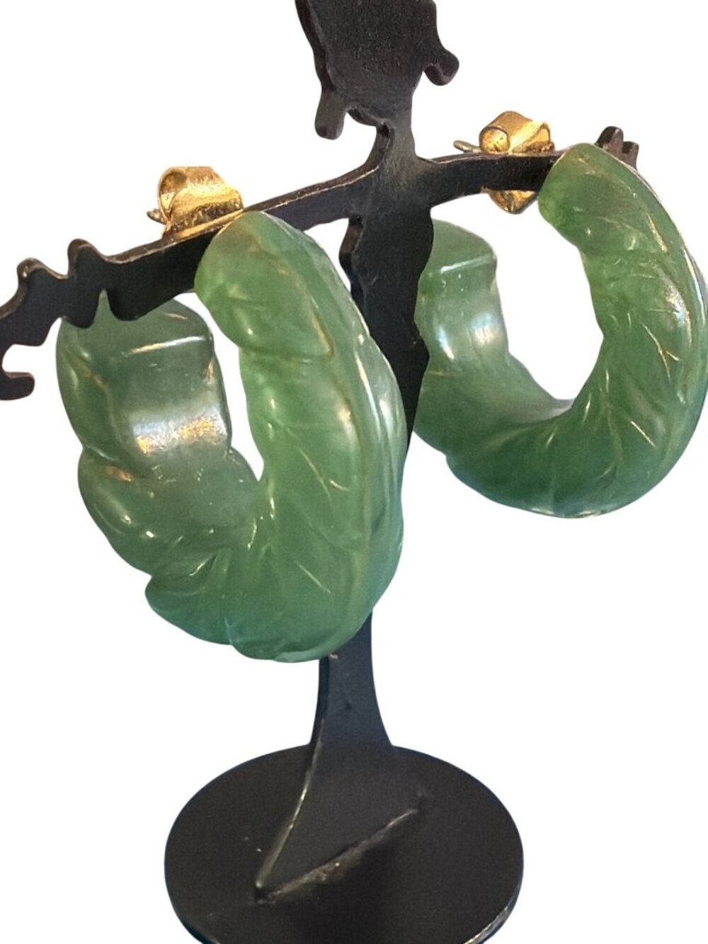 Vintage Avon Floral Hoop Earrings Faux Jade Pierced Chunky Lightweight Estate 1"
